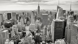 Black and white panoramic photo of New York