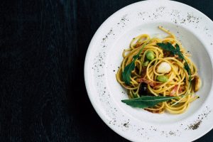 A plate of spaghetti.