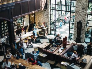 Aerial photo of people eating in a restaurant.